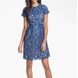 ADRIANNA PAPELL Blue Lace Overlay Cap Sleeve Dress